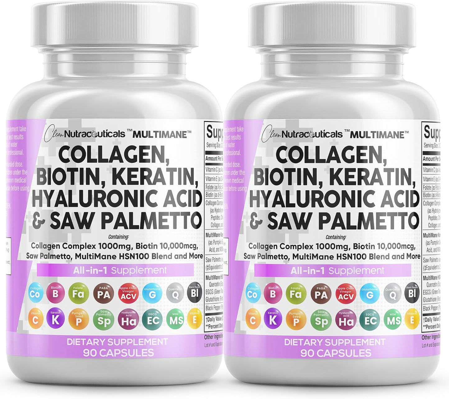 Clean Nutraceuticals Collagen Pills 1000mg Biotin 10000mcg Keratin Saw Palmetto Hyaluronic Acid - Hair Skin & Nails Vitamins & DHT Blocker with Vitamin E Folic Acid Pumpkin Seed MSM - 2Pack
