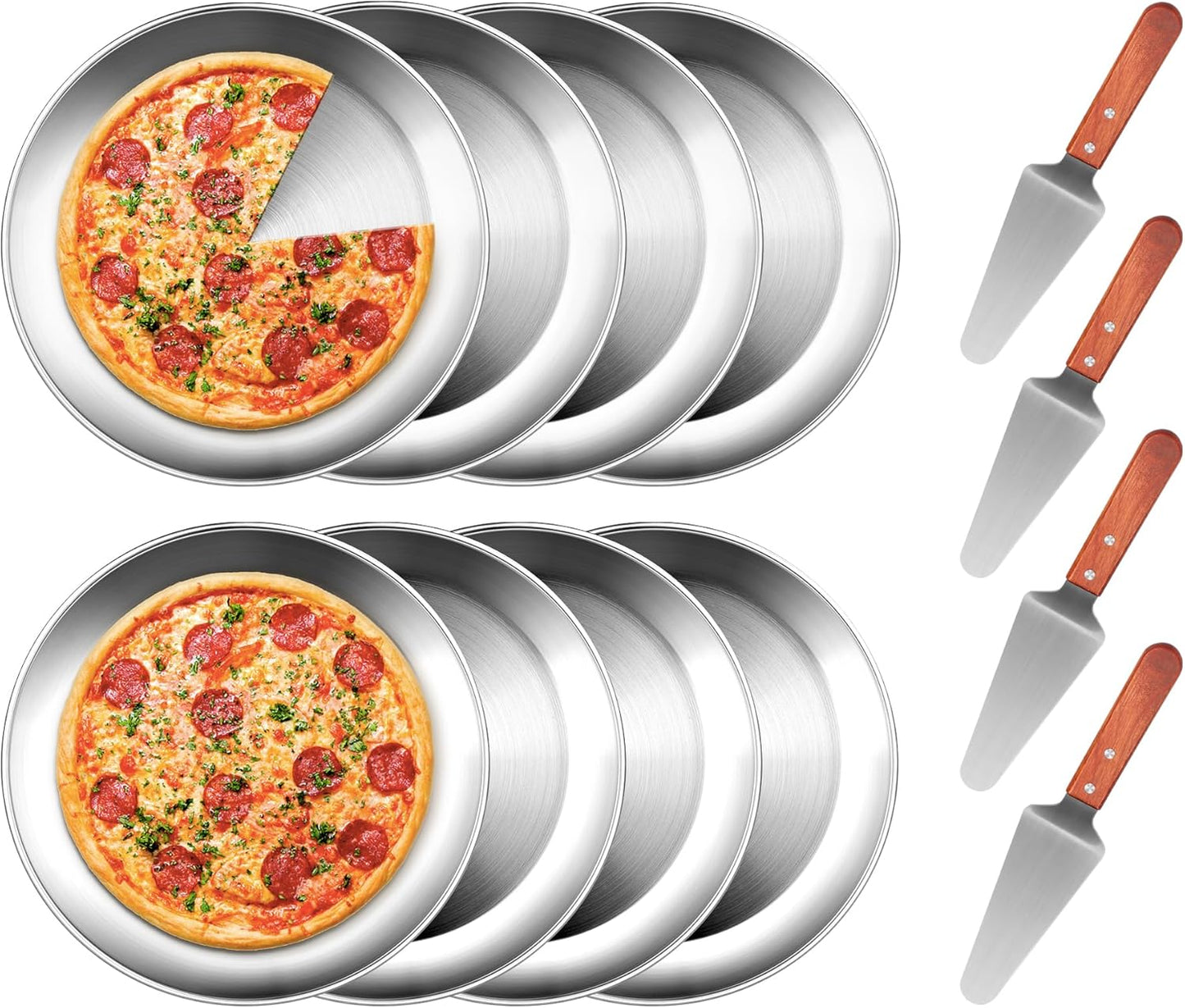 tchrules 12 Inch Pizza Pan Set of 8, Stainless Steel Pizza Tray, Round Non-Stick Coating Pizza Plate for Oven Kitchen Baking Home Restaurant, Dishwasher Safe （Silver）