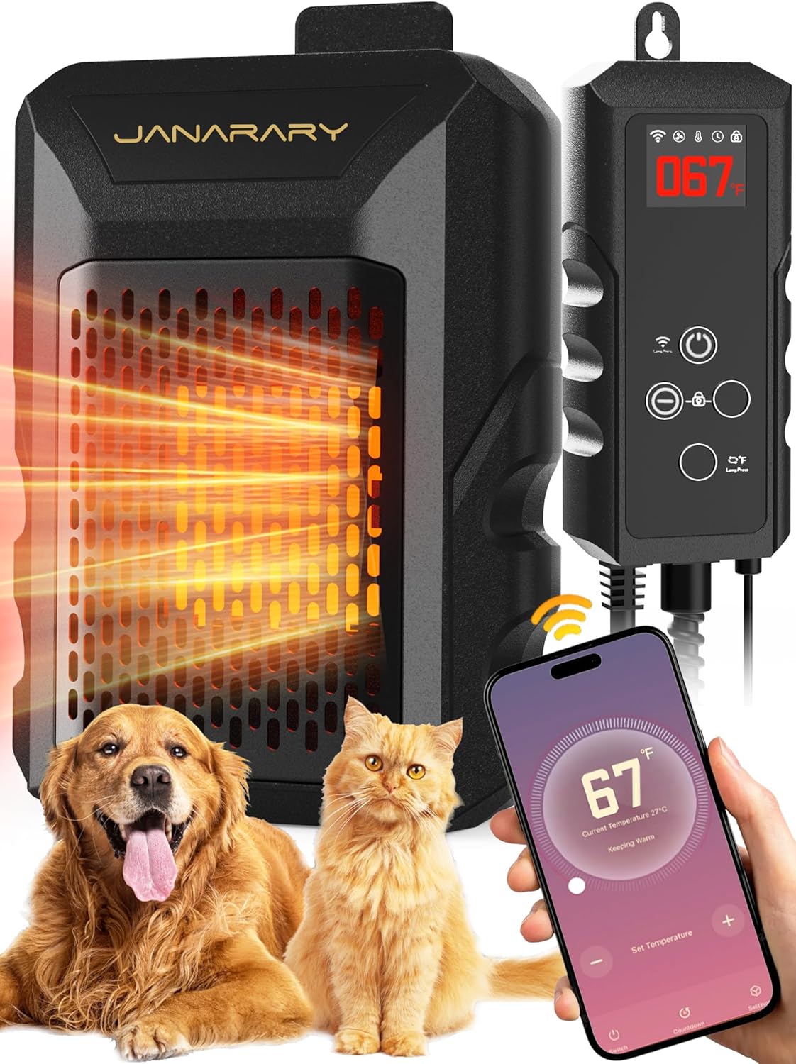 Dog House Heater, Outdoor Pet Heater with Themostat & WiFi App Remote Control, IPX5 Waterproof Controller, Anti Chew Cord, 500W Safe and Fast Heaters for Most Dog House