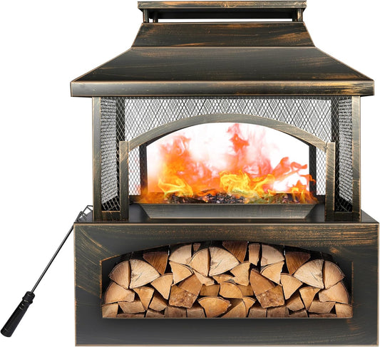 Red Mountain Valley 37" Fire Pits with Wood Storage for Outside, Large Wood Burning Outdoor Fireplace with Chimney, Mesh Spark Screen & Fire Poker, Idea for Backyard, Patio, Party, Camping, Picnic