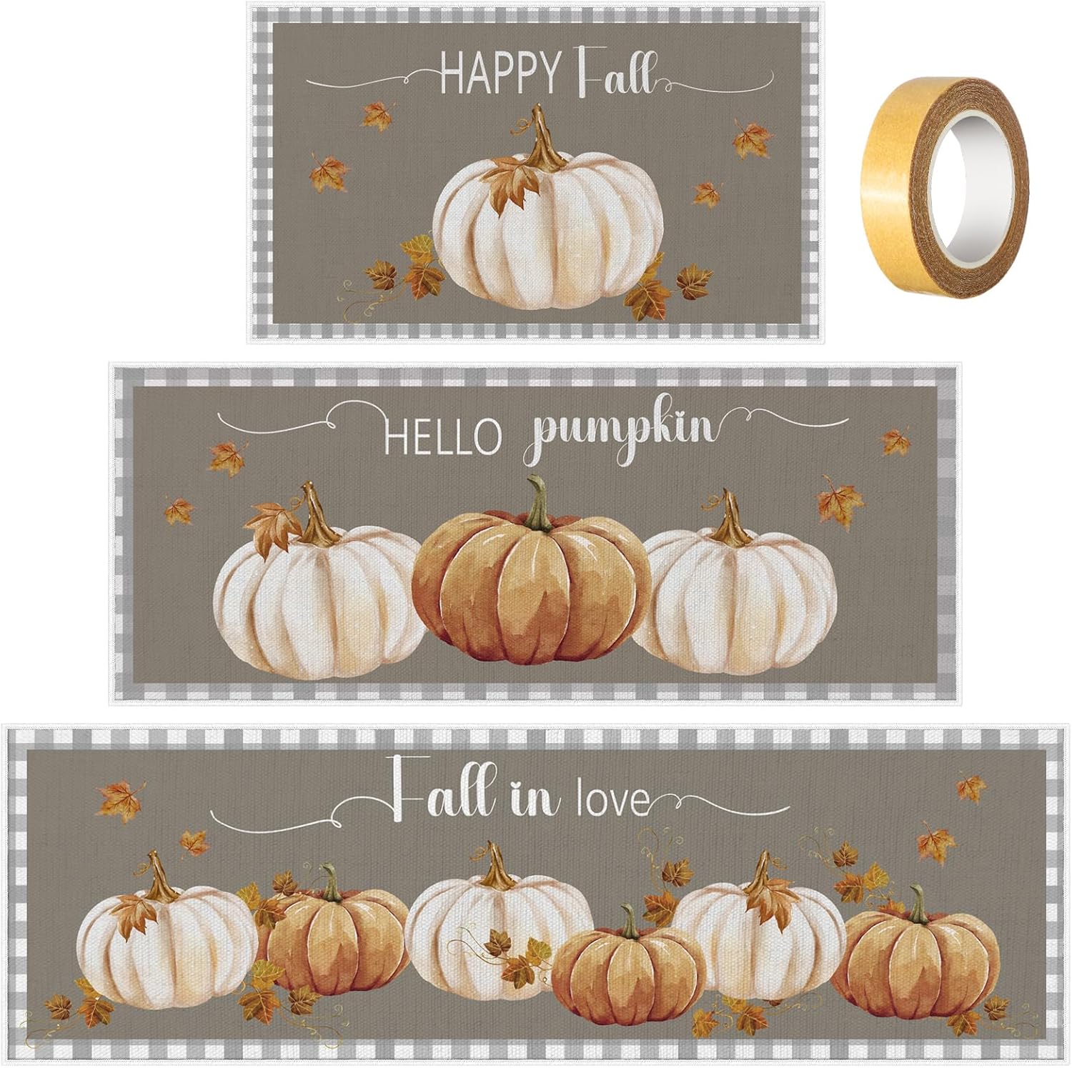 Drydiet 3 Set Fall Kitchen Mats Decor with Anti Slip Tape Farmhouse Harvest Kitchen Rug Set Thanksgiving Maple Leaves Door Mat for Home Entrance Porch, 16.5"x 31.5", 16.5"x 59", and 16.5"x 47.2"