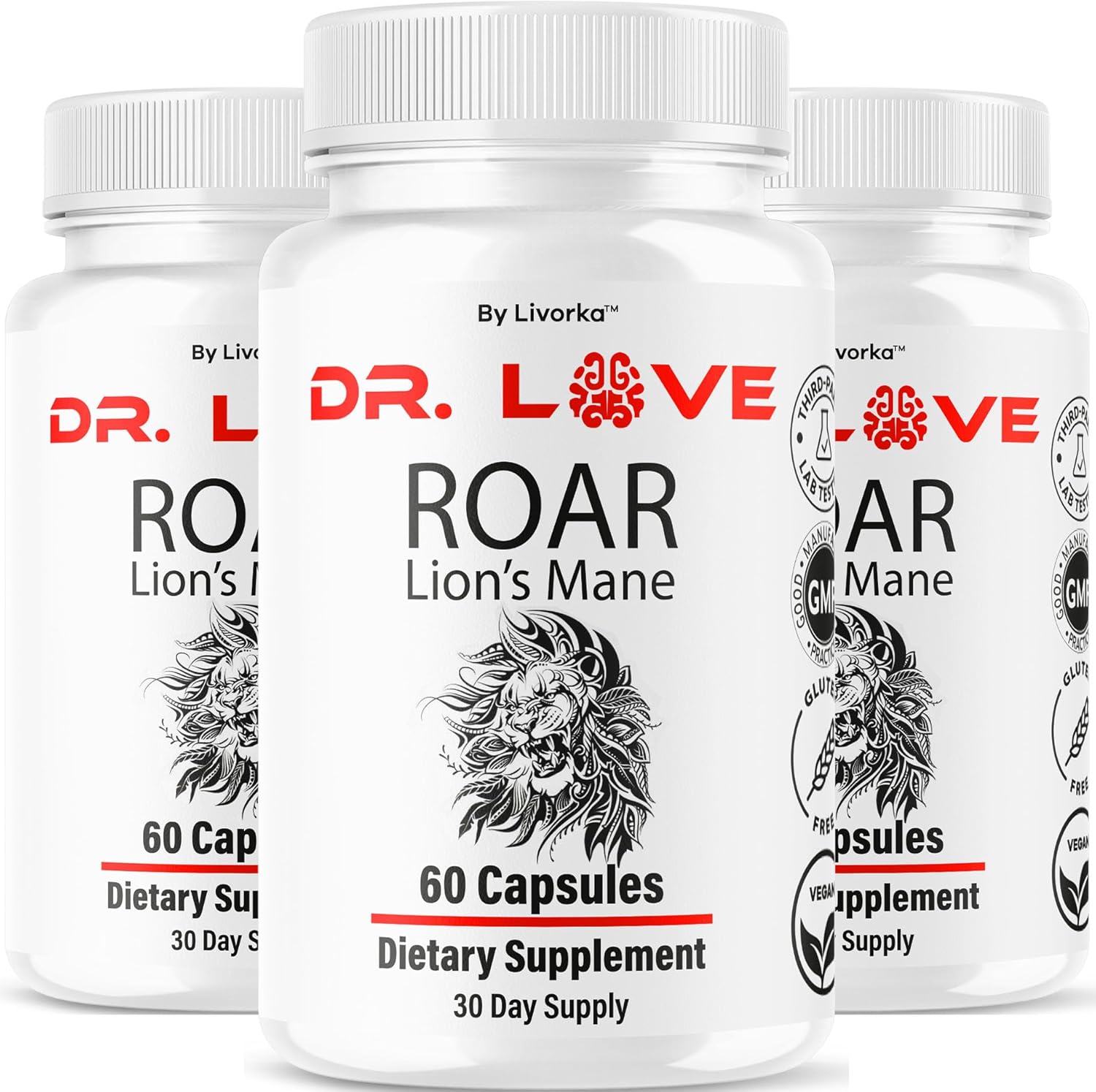 (3 Pack) Dr. Love Roar Lions Mane Supplement Capsules, Dr. Love Roar Lion\u2019s Mane Plus Brain and Focus Premium Advanced Formula, Doctor Love All Natural Support Pills, 180 Capsules for 3 Months