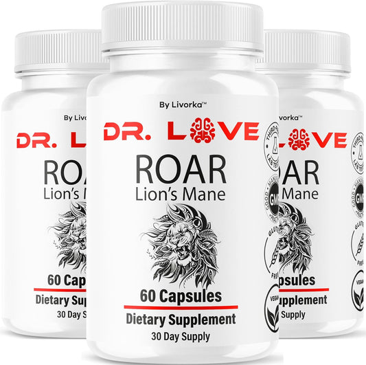 (3 Pack) Dr. Love Roar Lions Mane Supplement Capsules, Dr. Love Roar Lion\u2019s Mane Plus Brain and Focus Premium Advanced Formula, Doctor Love All Natural Support Pills, 180 Capsules for 3 Months