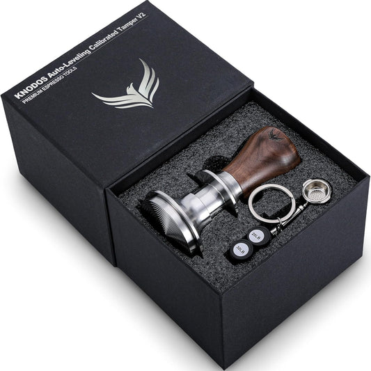 KNODOS 54mm Tamper For Breville Machines Calibrated Tamper Tool Espresso Walnut, Auto-Leveling and 30lb Spring Loaded Design Coffee Tamper With Stainless Steel Ripple Base