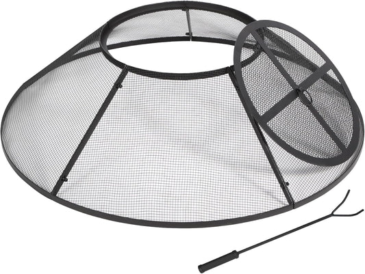 Lineslife Fire Pit Spark Screen 36 Inch with Top Cover Round, Heavy Duty Collapsible Outdoor Fire Pit Mesh Screen, Metal Fire Pit Top Lid with Ring Handle for Patio Backyard, Black