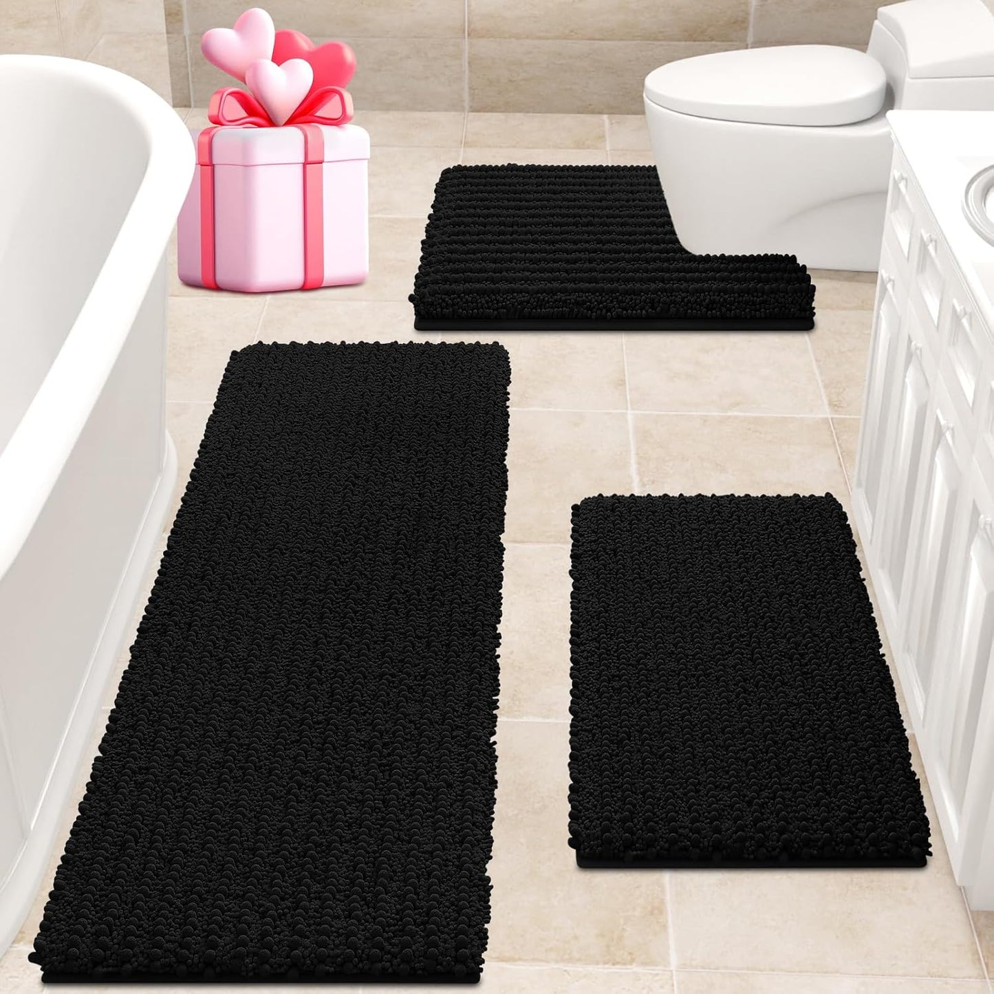 ACCUMTEK Upgrade Extra Large Black Bathroom Rug Set 3 Pieces Ultra Soft, Thick Absorbent Bath Mats, Non Slip Chenille Toilet Mat for Bathroom, Bedroom, Kitchen