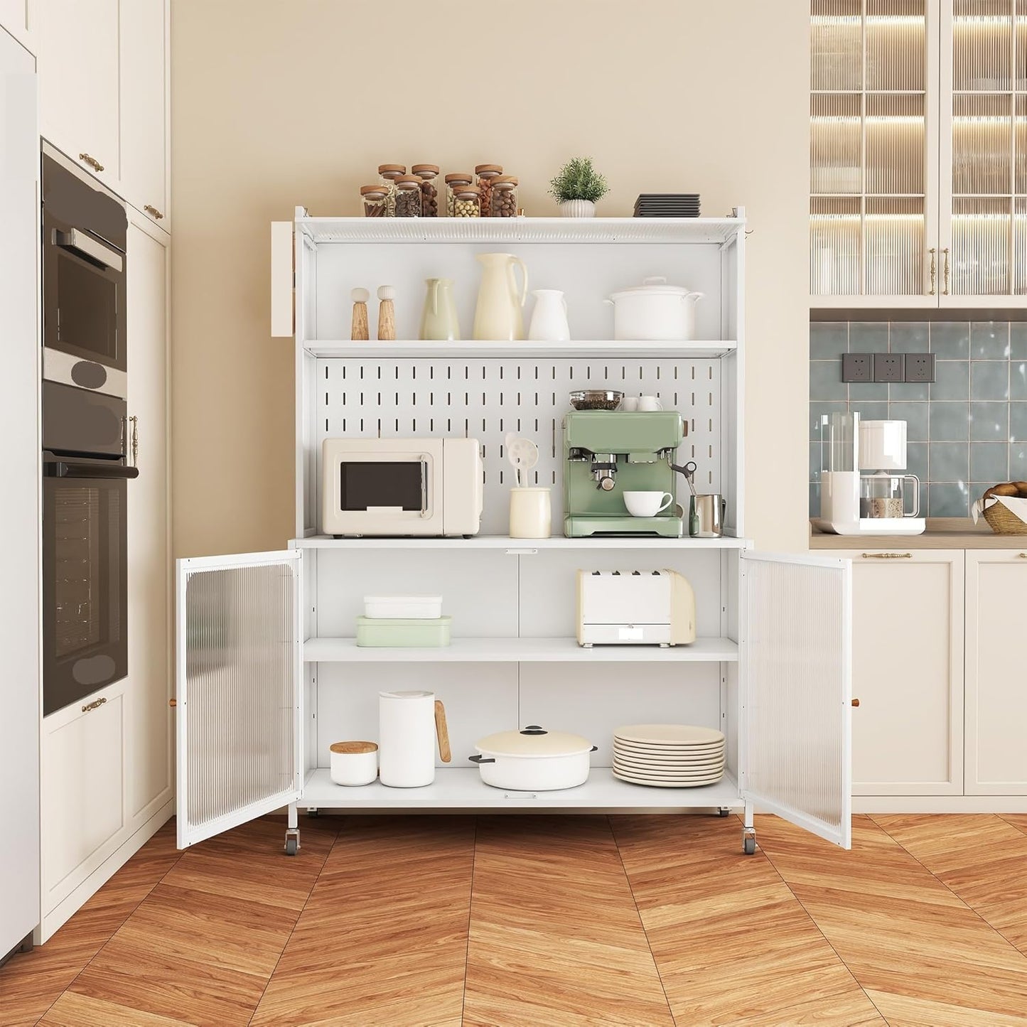 Modern Kitchen Pantry Cabinet, Tall Storage Cabinet with Glass Doors & Adjustable Shelves, for Living Dining Room,for The Kitchen