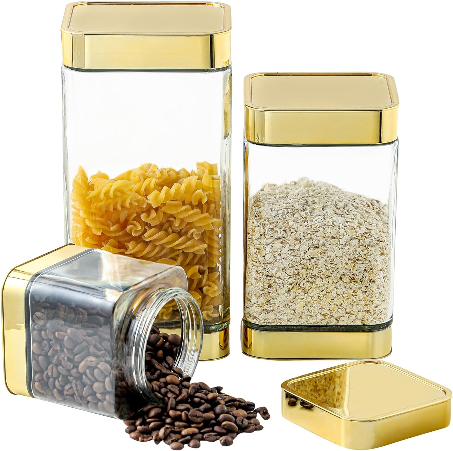 BETTWILL Glass Storage Jars-Large Kitchen Glass Canisters with Airtight Lids -Coffee Pasta Sugar Tea Snack Nuts Cookie Flour Food Container - Set of 3\u2026