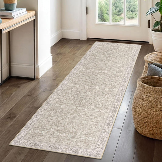 SIILOOM 2x6 Cream Beige White Grey Washable Runner Rug for Hallways, Soft Neutral Vintage Kitchen Rugs with Non-Slip, Non-Shedding Distressed Floral Rug for Bedroom Kitchen Porch Laundry Entryway