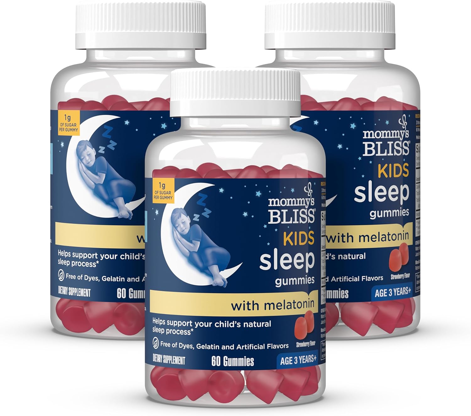 Mommy's Bliss Kids Sleep Gummies with Melatonin, Support Your Natural Sleep Process, Age 3 Years to Adults, Strawberry Flavor, 1G of Sugar, 60 Gummies (Pack of 3)