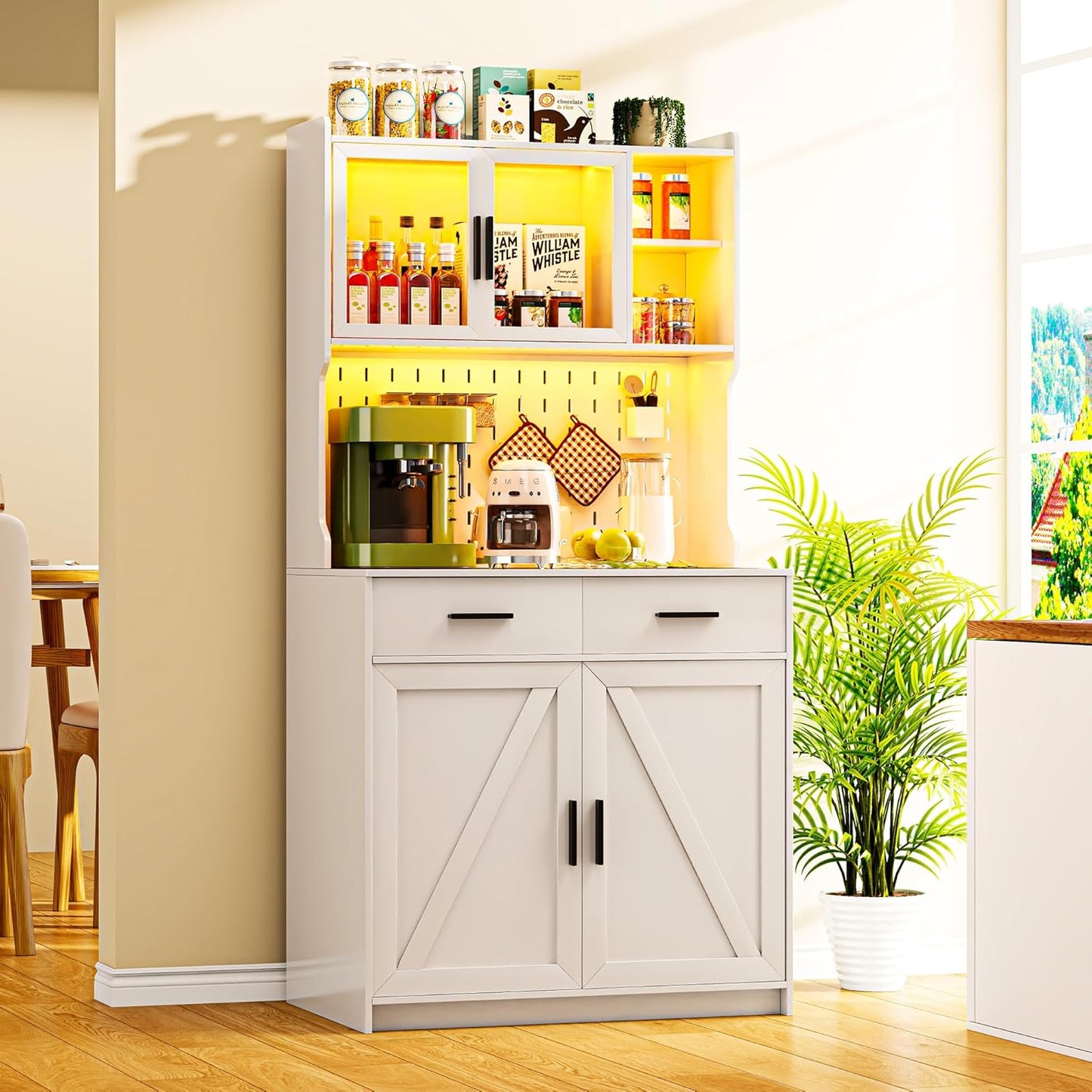 Gurexl 64" Farmhouse Kitchen Pantry with Auto Sensor LED,Storage Cabinets with 2 Outlets for Microwave & USB-C Ports,Hutch Cabinet with Pegboard,2 Cabinet,2 Drawers,1 Large Countertop