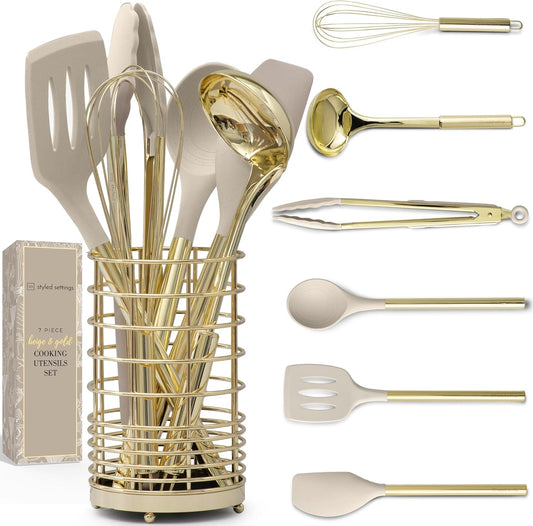 7-Piece Beige & Gold Kitchen Utensils Set \u2013 Non-Toxic Silicone & Stainless Steel Tools for Cooking, Serving, & Hosting \u2013 Ideal for Nonstick Cookware & Modern Kitchens, with Gold Utensil Holder