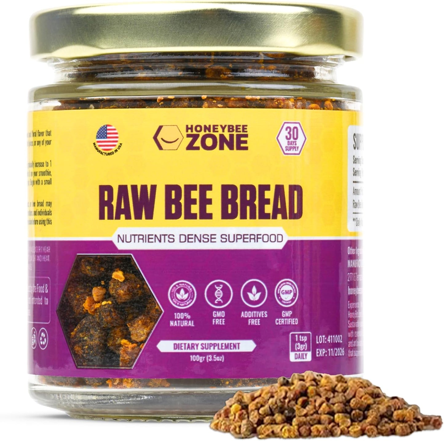 Raw Bee Bread - Nutrient-Rich Superfood for Energy Boost, Immune Support Supplement | Non-GMO, Gluten-Free, 3.5 oz Veggie Supplement