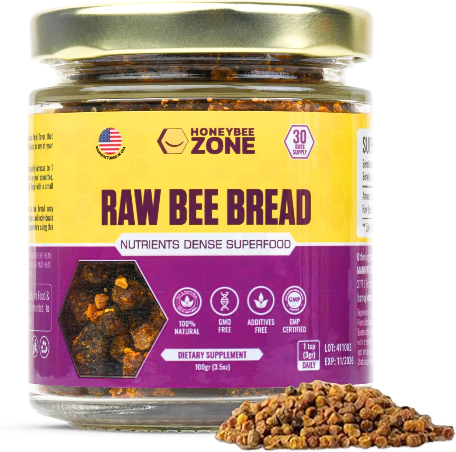 Raw Bee Bread - Nutrient-Rich Superfood for Energy Boost, Immune Support Supplement | Non-GMO, Gluten-Free, 3.5 oz Veggie Supplement