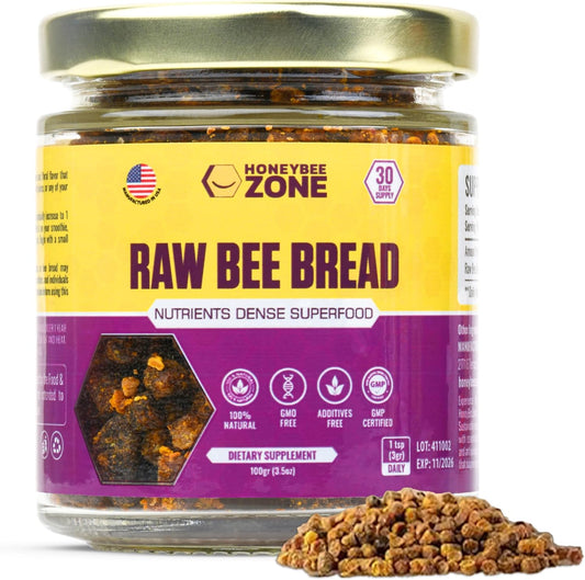 Raw Bee Bread - Nutrient-Rich Superfood for Energy Boost, Immune Support Supplement | Non-GMO, Gluten-Free, 3.5 oz Veggie Supplement