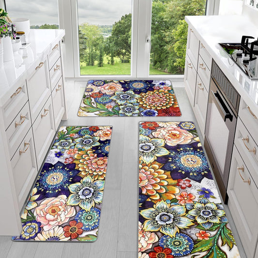 Sofort Kitchen Mats for Floor, Boho Kitchen Rugs Sets of 3, Non Slip Washable Kitchen Runner Rug, Rugs for Kitchen Floor, Hallways, Entryway, Laundry (Colorful)