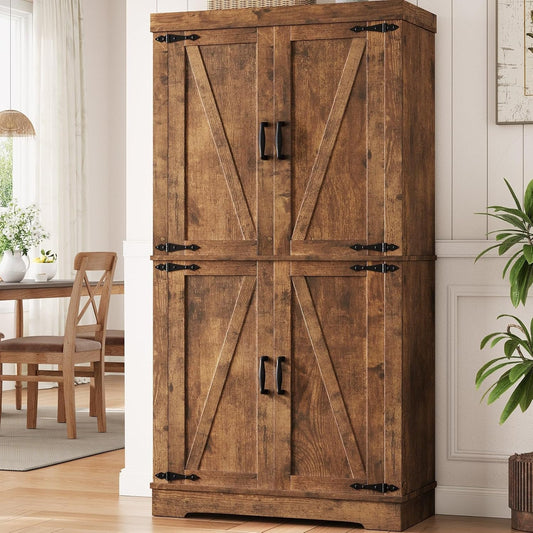 Pantry Cabinet,68'' Kitchen Pantry Storage Cabinet with 4 Doors and Adjustable Shelves, Farmhouse Tall Food Large Wood Pantry Storage Furniture for Kitchen Dining Room,Brown