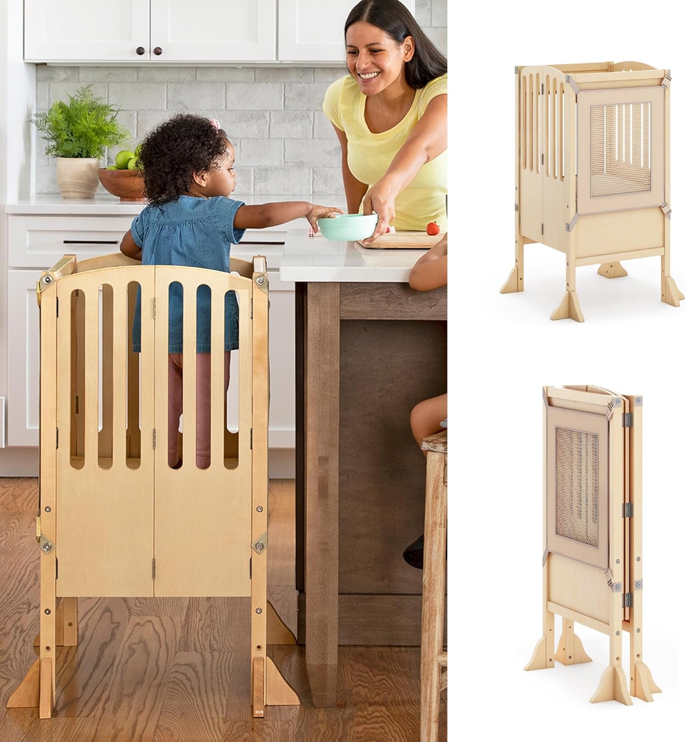 Guidecraft Kitchen Helper® Toddler Tower Step Stool - Contemporary - Natural: Folding Adjustable Height Montessori Wooden Learning Furniture with Keepers