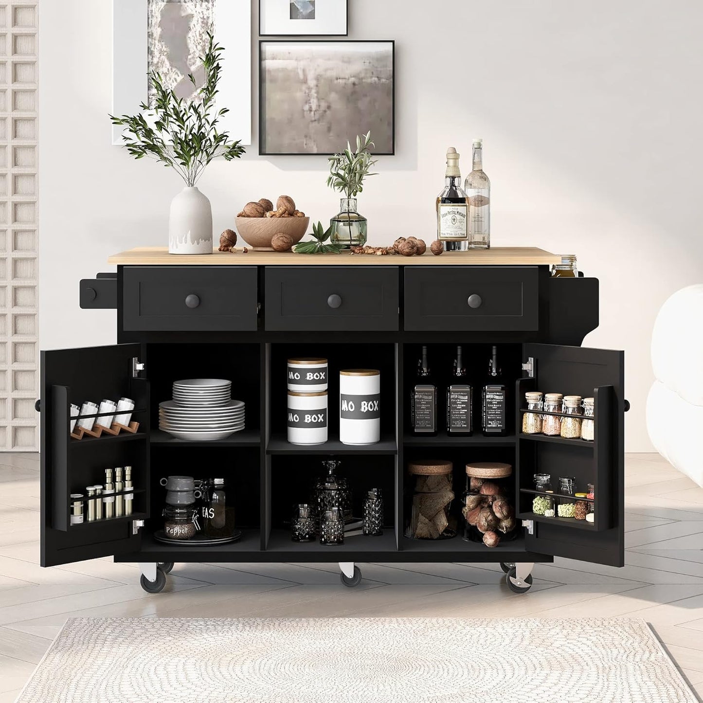 jurmiture Kitchen Cart with Rubber Wood Drop-Leaf Countertop,Cabinet Door Internal Storage Racks,Kitchen Island on 5 Wheels with Storage Cabinet and 3 Drawers for Dinning Room (Black)