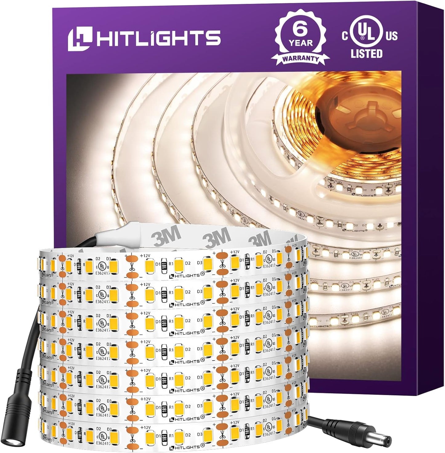 HitLights White LED Strip Lights 4000K,16.4ft High Density 12V Tape Light, UL Listed, 600 LEDs, CRI>90, 300Lm\/ft, Flexible Dimmable Rope Lights for Bedroom, Kitchen, Cabinet(Power Source Not Included)