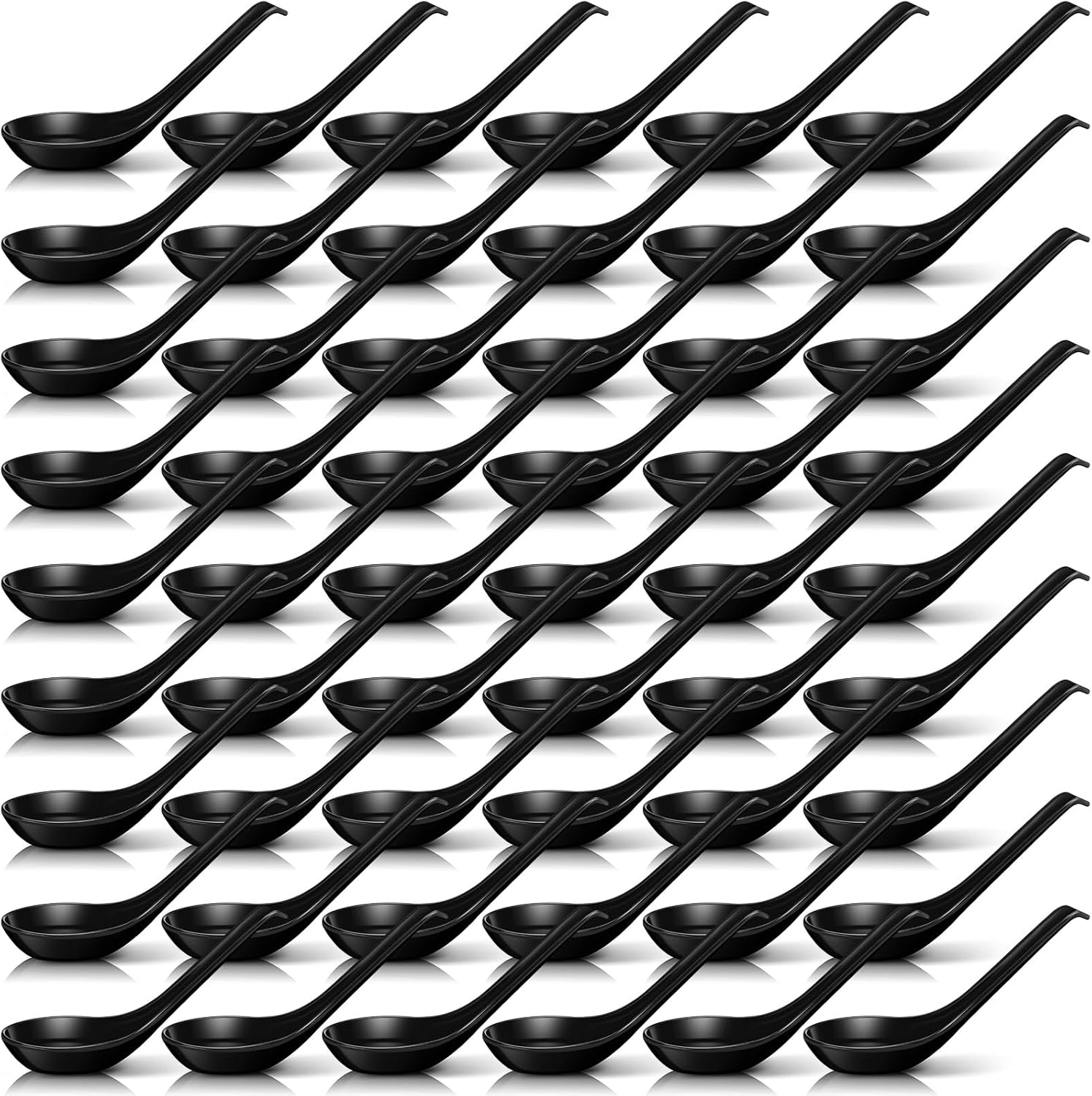 Hushee 100 Pcs Asian Soup Spoon Large Chinese Noodle Ramen Reusable Japanese Wonton Rice Dumpling Pho Spoon Bulk with Hook for Home Restaurant Kitchen (Black)