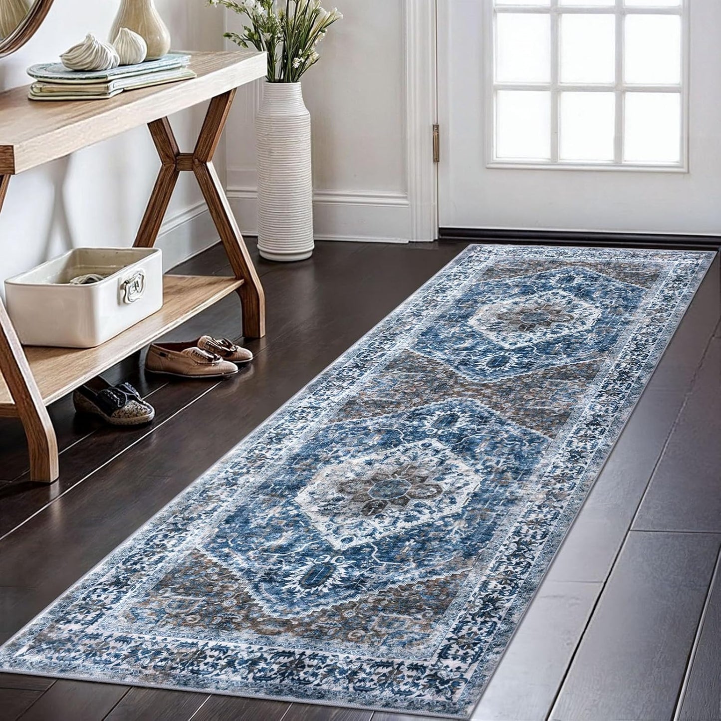 KOZYFLY Runners for Hallways 2x6 Ft Washable Kitchen Runner Rug Boho Runner Rug for Entryway Indoor Blue Printed Oriental Faux Wool Floor Carpet Runner for Bedroom Kitchen Hall