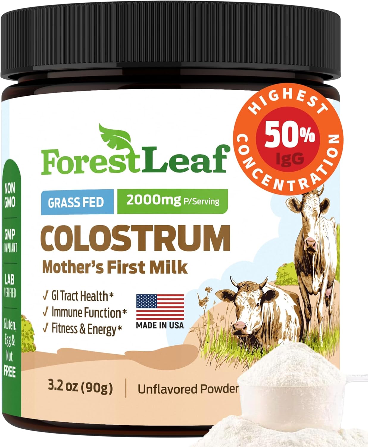 ForestLeaf Colostrum Powder 50% IgG Highest Pure Concentration, Grass Fed Colostrum Supplement for Gut Health, Immune Support and Muscle Recovery, Bovine Colostrum for Humans, Unflavored, 45 Servings