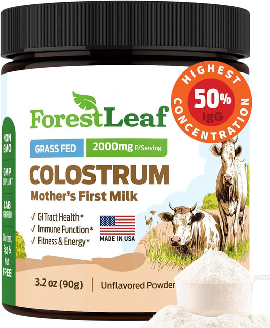 ForestLeaf Colostrum Powder 50% IgG Highest Pure Concentration, Grass Fed Colostrum Supplement for Gut Health, Immune Support and Muscle Recovery, Bovine Colostrum for Humans, Unflavored, 45 Servings