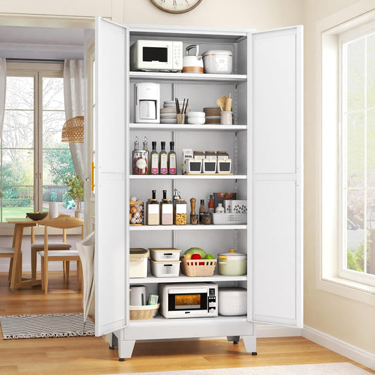 GAIOUS 75.2" Tall Metal Kitchen Pantry Storage Cabinets with 2 Door and 5 Adjustable Shelves, Cupboard for Kitchen, Dining Room, Living Room and Bathroom, White