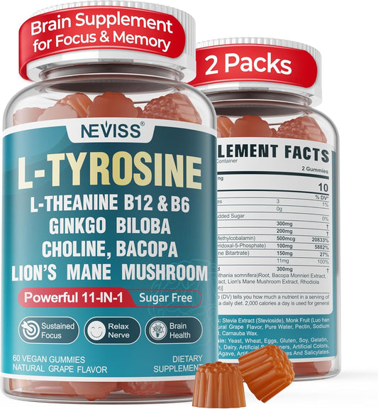11-IN-1 Brain Supplement for Memory and Focus with L-Tyrosine L-Theanine, Methylated B12 & B6, Lion's Mane Mushroom, Ginkgo Biloba, Bacopa Monnieri, Choline for Focus, Nootropic, Energy, 2Packs