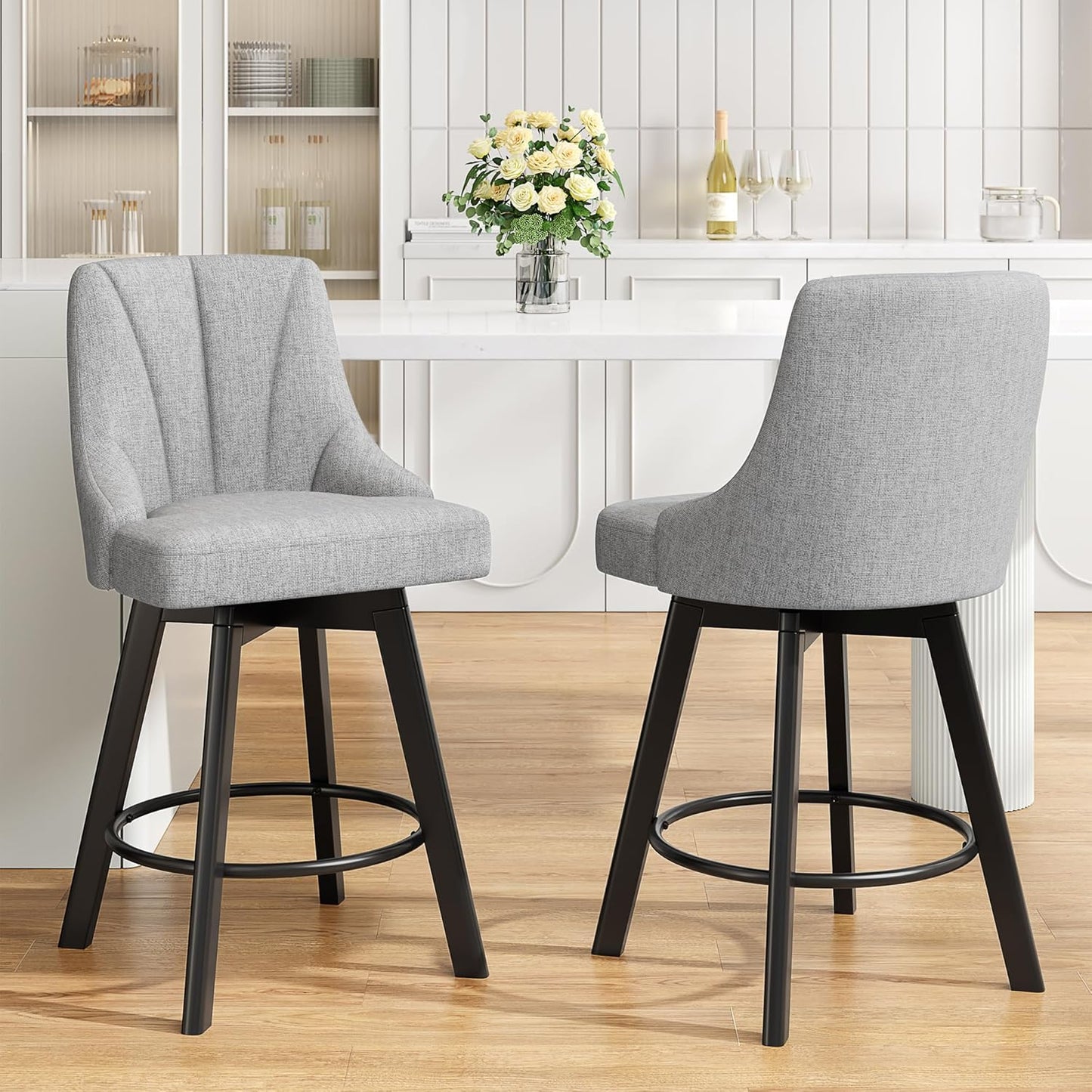 YaFiti Swivel Bar Stools with Backs, 24" Counter Height Bar Stools Set of 2, Fabric Upholstered Counter Barstools with Solid Wood Legs for Kitchen Island, Home Bar, Light Gray