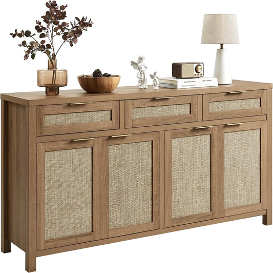 HOKYHOKY Rattan Sideboard Buffet Cabinet, Boho Storage Cabinet with Adjustable Shelves, Farmhouse Credenza Coffee Bar Cabinets with 4 Doors & 3 Drawers for Living Room, Hallway & Kitchen