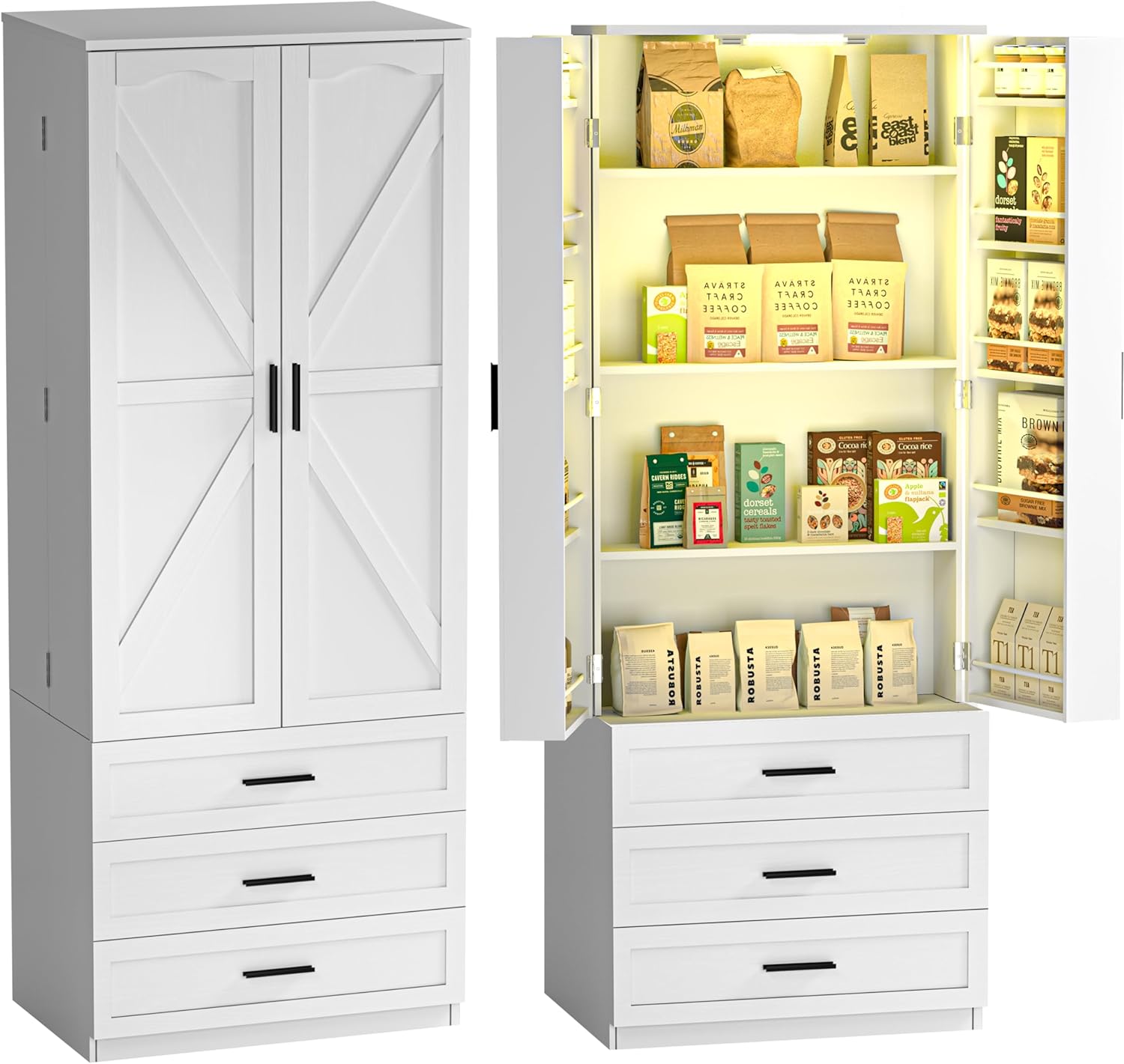 FJTJBSI 72" LED Kitchen Pantry Cabinet with 3 Drawers Farmhouse Tall Storage Cabinet Wood Food Pantry with Barn Doors and Adjustable Shelves Versatile Storage Freestanding Cupboard for Kitchen