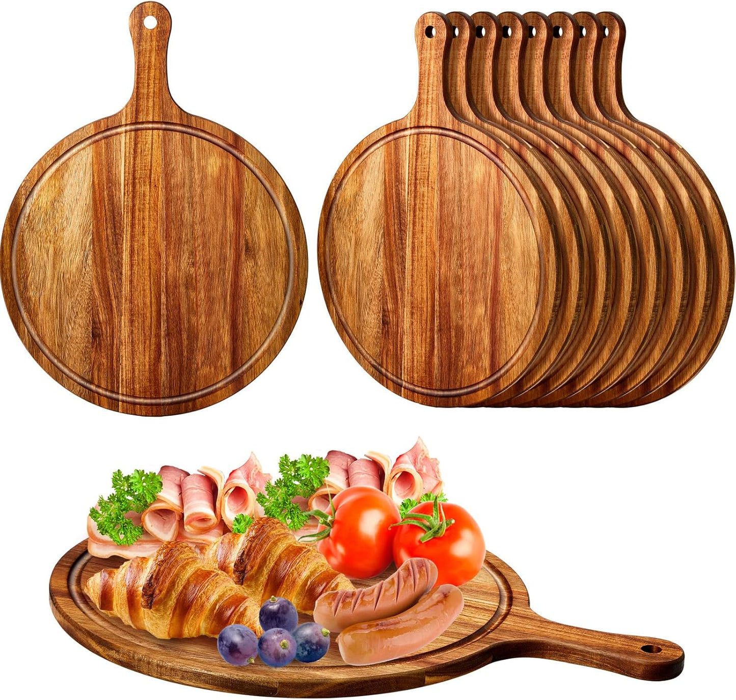 Nuenen 10 Pcs Round Wood Cutting Board with Handle Acacia Wooden Serving Kitchen Chopping Boards for Pizza, Bread, Cheese, Charcuterie, Fruit, Vegetables(Acacia)