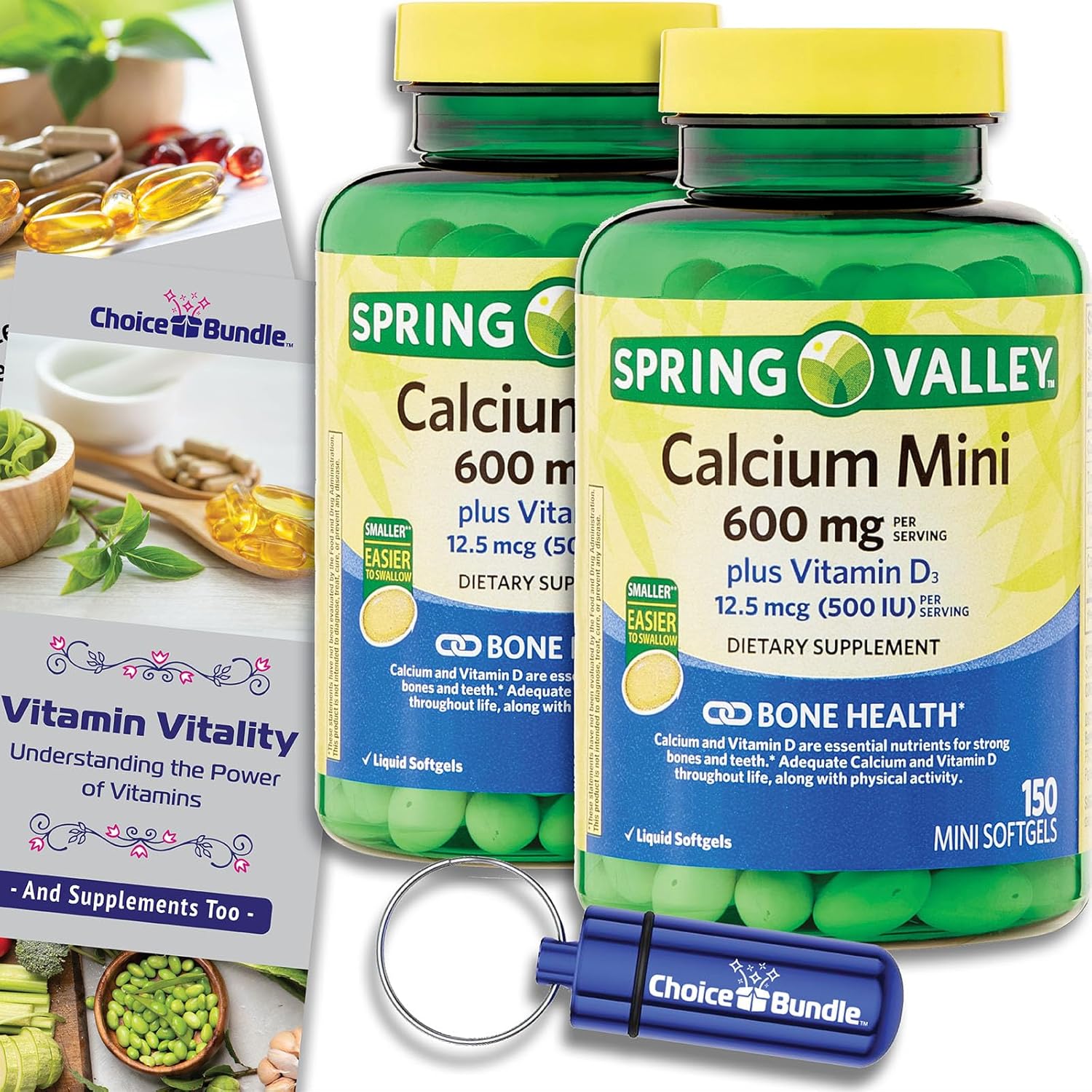 Spring Valley Calcium 600 mg Plus Vitamin D3 12.5 mcg 150 Ct Mini Softgels 2 Pk (300 Total) + Vitamin Guide & Pill Container (4 Items)!