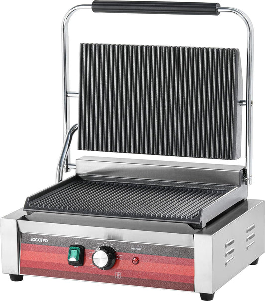 EGGKITPO Commercial Panini Press Grill with Grooved Plates Electric Sandwich Maker with Adjustable Temp Control 110V 1700W 14"×9.5" Ribbed Enamel Plates for Breakfast and Hamburger in Home Kitchen