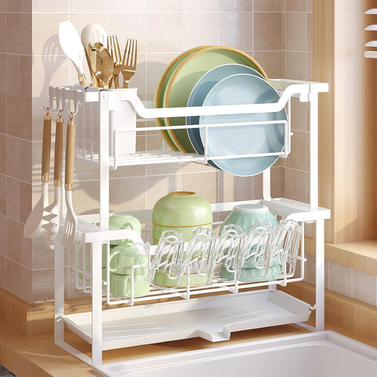 Dish Rack with Drainboard, Organizes Dishes and Bathroom Items for Narrow Spaces, Two-Story Drying Rack Fits 12 Plates 12 Bows 5 Glasses 4 Hooks and Some Cutlery, White
