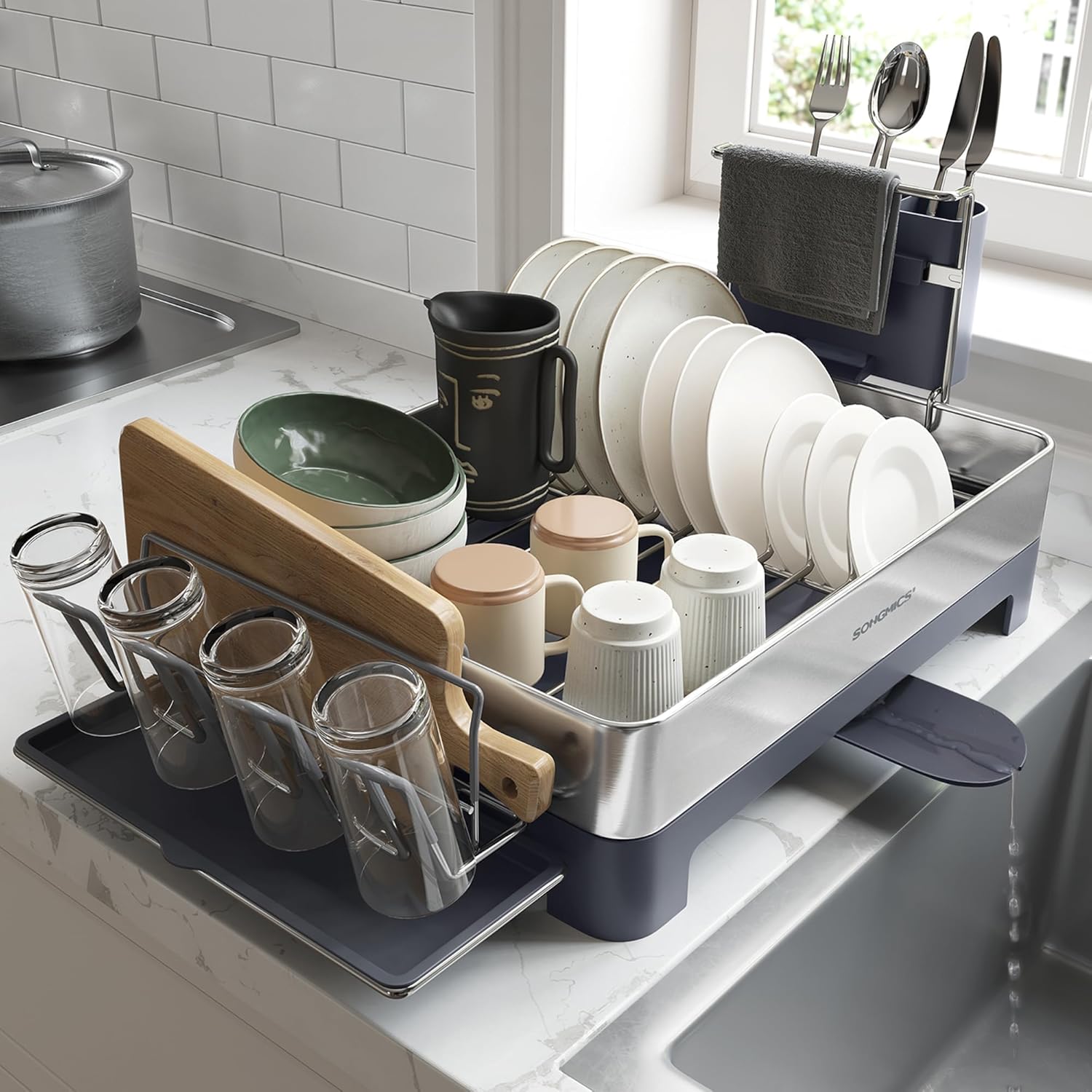 SONGMICS Large Dish Drying Rack, Premium Stainless Steel Dish Rack with Rotatable Spout, Fingerprint-Resistant Dish Drainers for Kitchen Counter, 12.5 x 22.5 in, Silver and Gray UKCS030E01