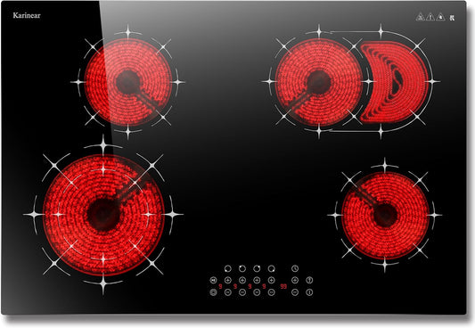 Karinear 30 Inch 4 Burner Electric Stovetop, Sensor Touch Control, Black Glass Ceramic Cooktop, 6600W 220V (No Plug)