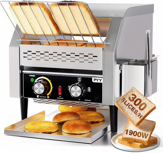 PYY Commercial Conveyor Toaster - 300 Slices\/Hour Restaurant Conveyor Toaster for Bun Bagel Bread, Heavy Duty Stainless Steel 1900W, 110V