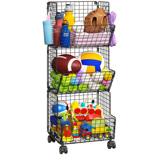 Outdoor Toy Storage Basket, Play Kitchen Organizer with 5 S-Hooks,3 Tier Rolling Storage Cart Garage, Pantry Floor Snack Cart with Wheels,Toy Shelf Dog Storage Organizer Kids Bookshelf