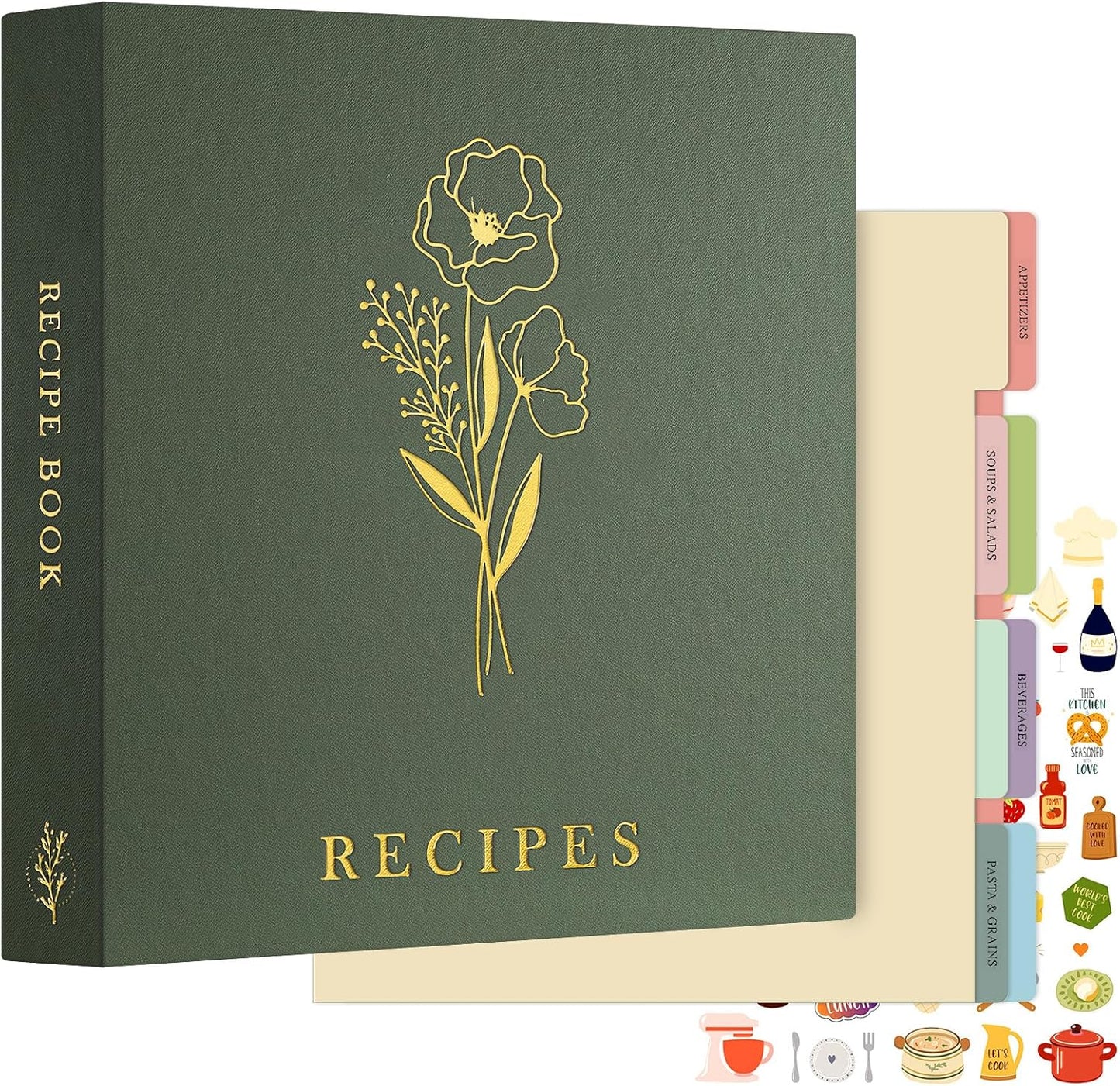 Lanpn Recipe Binder 8.5x11 3 Ring Kit, Waterproof Organizer Binder with 60 Plastic Sleeves,116 Recipes, Dividers,Labels & Stickers, Blank Recipe Book to Write in Your Own Recipes, Green