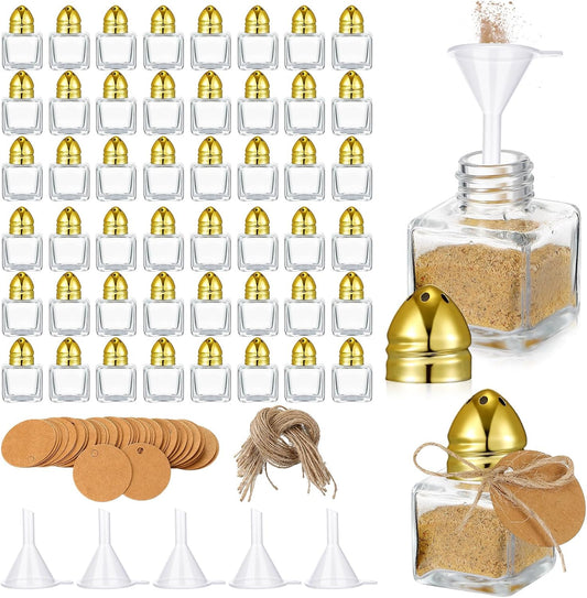 Uiifan 50 Set 0.5 oz Mini Salt and Pepper Shakers with Gold Tone Tops Clear Glass Spice Salt and Pepper Holders Bulk with 5 Plastic Funnels 50 Tags 50 Ropes for Wedding Party Kitchen(Square Shape)