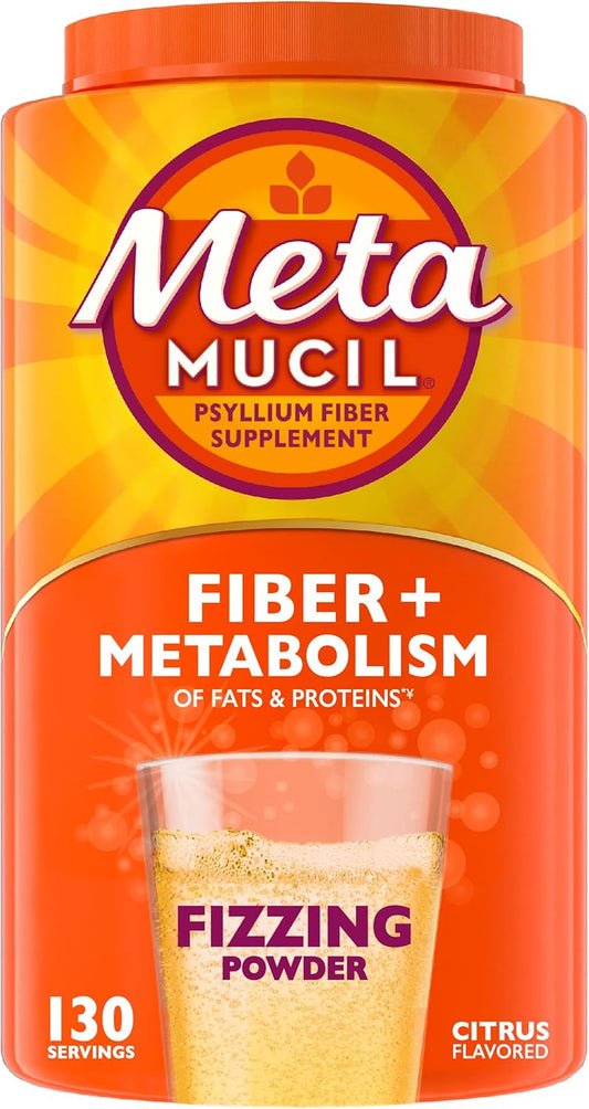 Metamucil Fizzy Fiber Supplement + Metabolism, Plant Based Psyllium Fiber Powder with B12 for Metabolism of Fats and Proteins, Daily Supplement for Regularity, Citrus Flavored Sugar-Free, 130 Serving