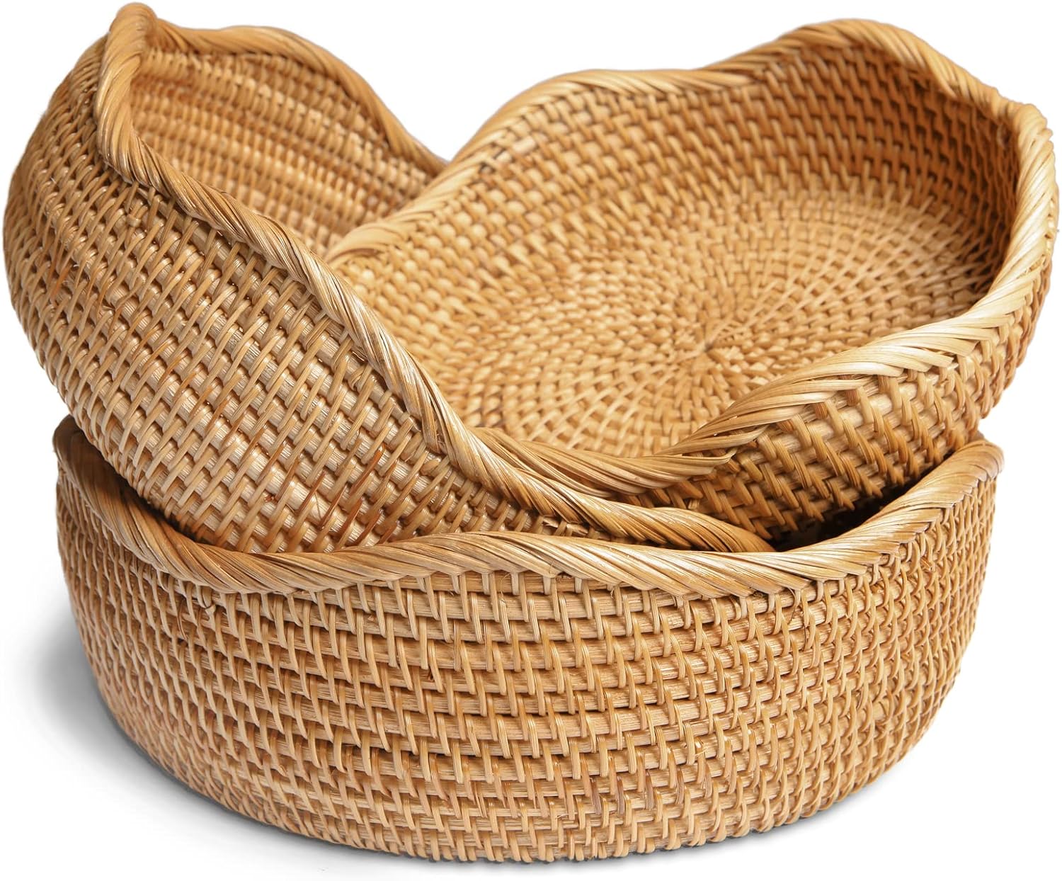 HITOMEN Handmade Rattan Bread Baskets Round Wicker Fruit Serving Storage Bowls, Natural Woven Decorative Kitchen Counter Organizing (Honey Brown) Set of 3