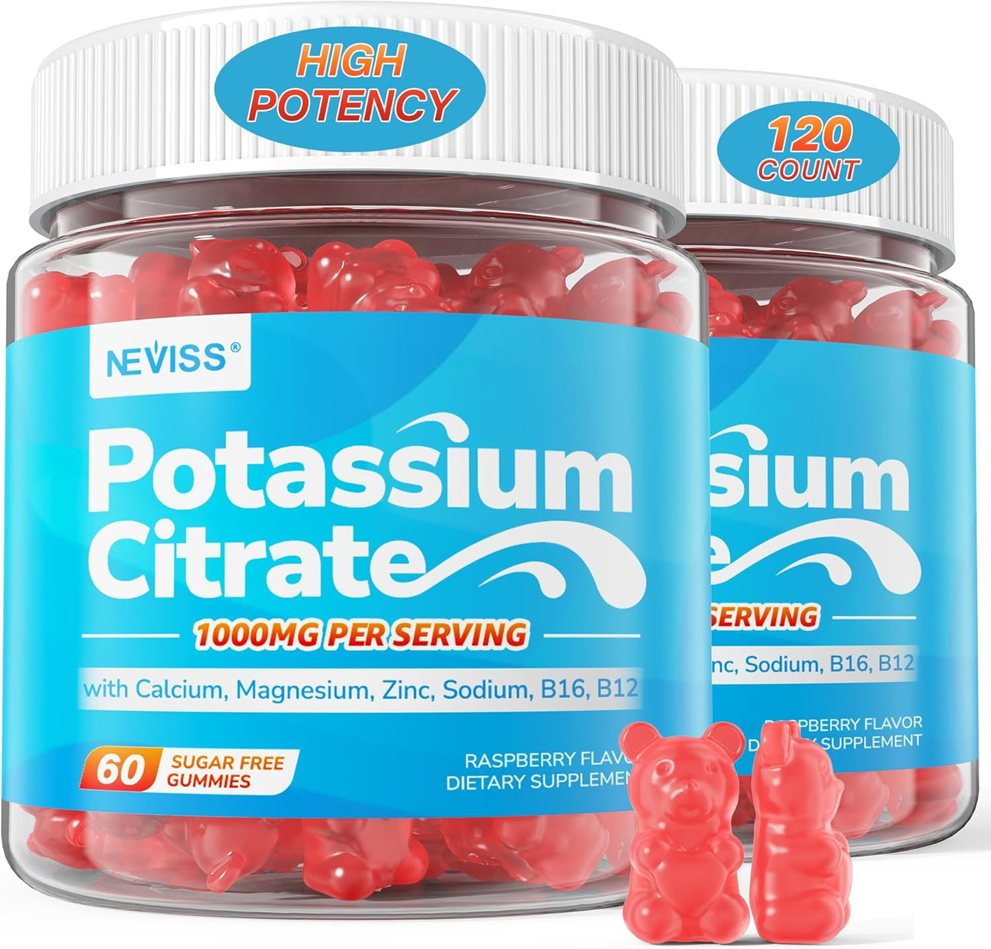 Potassium Citrate 1000mg Gummies, Potassium Magnesium Supplement + Calcium, Zinc, Sodium, Vitamin B6, B12, Support Leg Cramps, Electrolyte Balance, Body Performance, Energy Boost, Sugar Free, 120 Cts