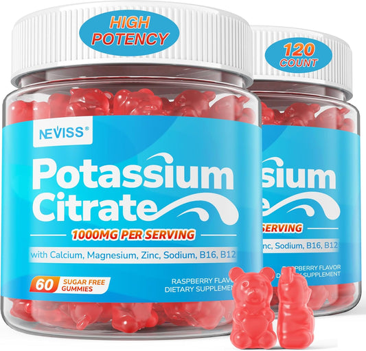 Potassium Citrate 1000mg Gummies, Potassium Magnesium Supplement + Calcium, Zinc, Sodium, Vitamin B6, B12, Support Leg Cramps, Electrolyte Balance, Body Performance, Energy Boost, Sugar Free, 120 Cts