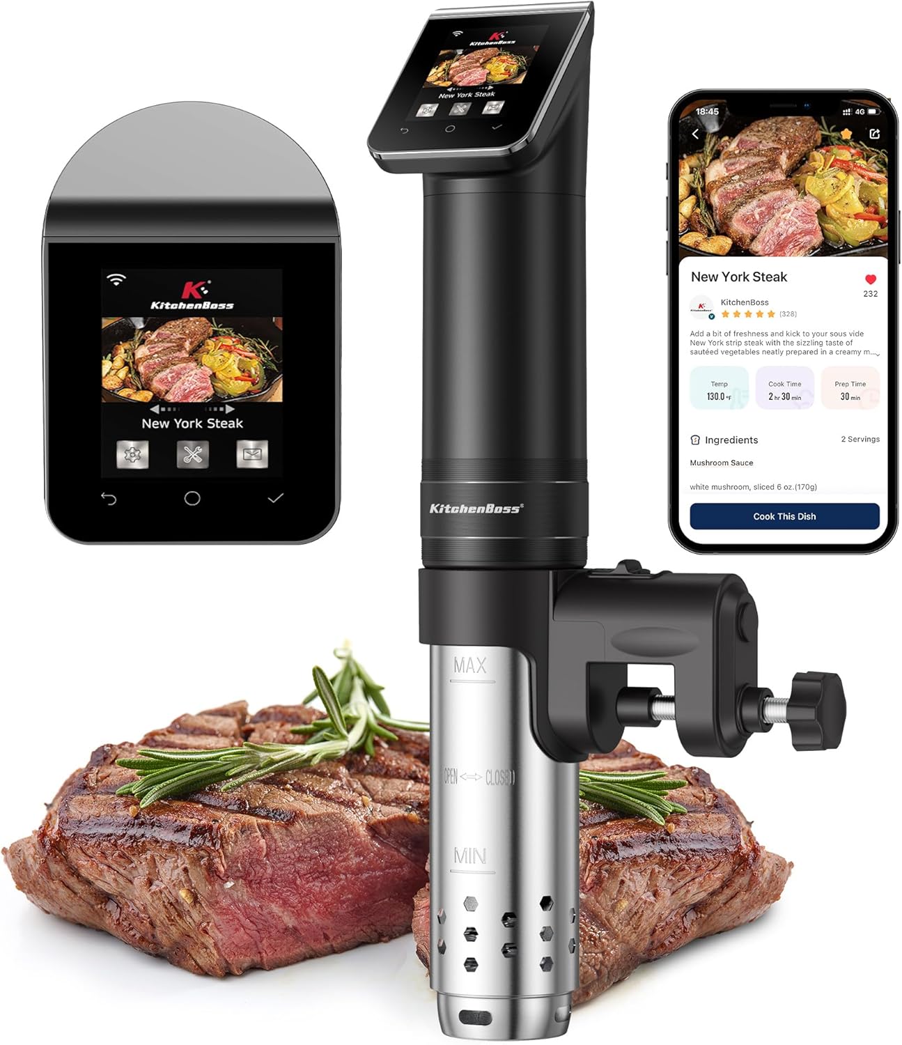 KitchenBoss WIFI Sous Vide Cooker: Ultra-Quiet Sous-vide Cooking Machine 1100 Watts Stainless Steel Immersion Circulator for Kitchen with TFT Preset Recipes, Black