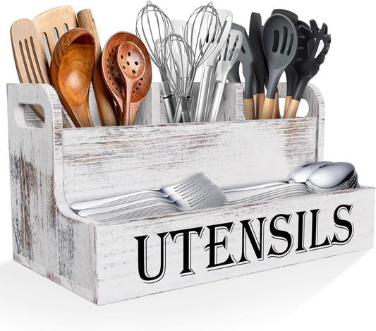 Suli Extra Large Kitchen Utensils Holder with 4 Compartments, White Wooden Utensil Organizer for Kitchen Countertop, Farmhouse Utensil Storage, Rustic Cooking Utensils - White Grain