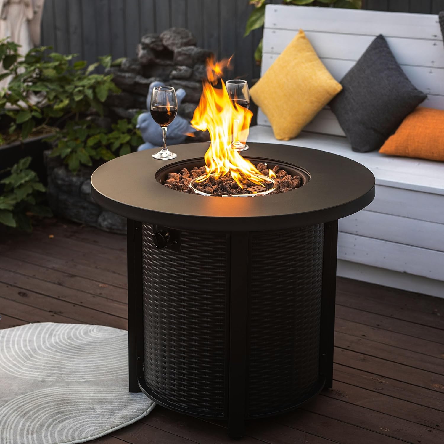 30 Inch Outdoor Propane Fire Pit Table, Round Gas Fire Pit 50,000 BTU Patio Heater with Cover & Lava Rocks, Weather-Resistant Steel Fire Table for Patio, Deck, Balcony, Backyard，Black